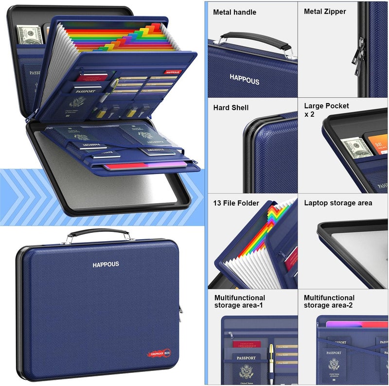 HAPPOUS Fireproof File Organizer, Expanding File Folder with 13 Pockets, Portable Fireproof Document Box Hard-Shell Document Organizer Storage for Documents Laptop Passports Cards Blue - Image 4
